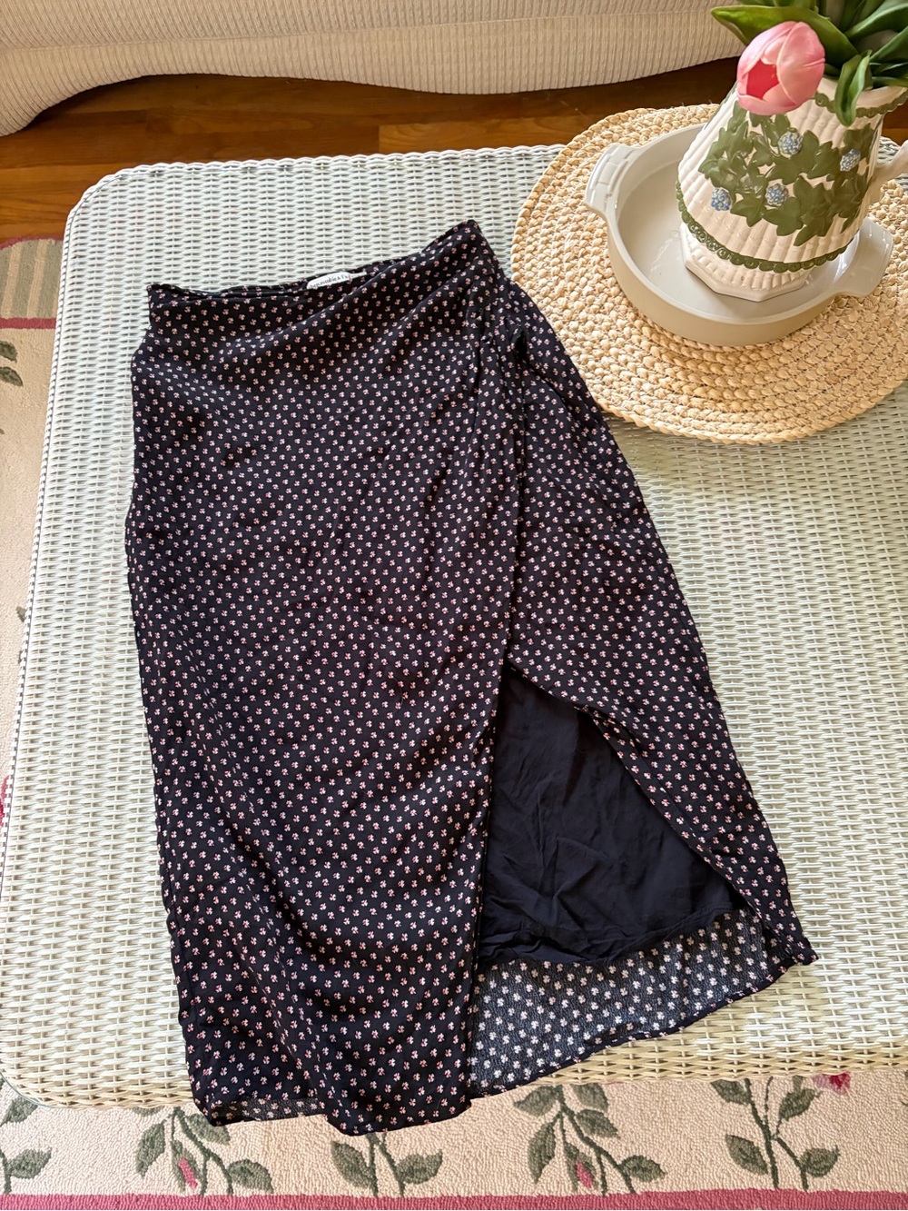 Abercrombie & Fitch Black Midi Wrap Skirt with Pink Floral Print